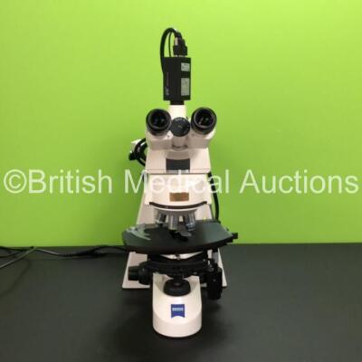 Zeiss Axioskop 2 Plus Benchtop Microscope with 3 x Optics (1 x Plan-NEOFLUAR 100x/1.30 Oil 44 04 80, 1 x Plan NEOFLUOR 63x/1.25 Oil 44 04 60 and 1 x A-Plan 10x/0.25 PH1 Infinity / - 44 10 31) E-PI 10x/20 Eyepieces, JAI Progressive Scan Camera, Zeiss HAL 1