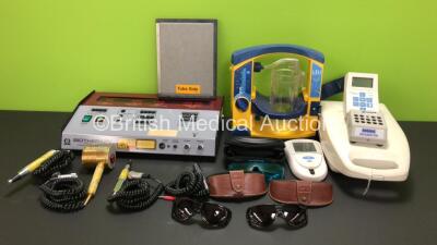 Mixed Lot Including 1 x Omega Laser Systems Biotherapy Model 2001 Laser with 4 x Handpieces and 4 x Safety Goggles (Untested Due to No Key), 1 x Laerdal Suction Unit with Serres Cup *No Lid), 1 x Roche CoaguChek S, 1 x Browne Incubator, 1 x Kerr Apex Find