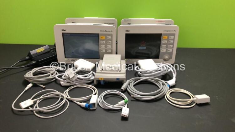 Job Lot Including 1 x Drager Infinity Gamma XL Patient Monitor with NBP, MultiMed and IBP Options and 3 x Drager Infinity Gamma XL Patient Monitor with NBP and MultiMed Options, 1 x Docking Stations, 2 x Power Supplies and Various Patient Monitoring Cable