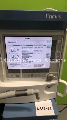 Drager Primus Anaesthesia Machine Ref 8603800-39 Software Version 4.50.00 - Running Hours Mixer 6906 Ventilator 11307 with Hoses (Powers Up) * SN ARXN-0071 * * Mfd 2006 * - 2