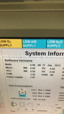 Drager Primus Anaesthesia Machine Ref 8603800-39 Software Version 4.50.00 - Running Hours Mixer 6906 Ventilator 11307 with Hoses (Powers Up) * SN ARXN-0071 * * Mfd 2006 * - 6