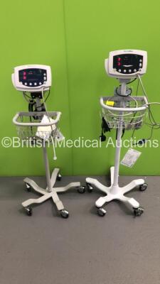 2 x Welch Allyn 53N00 Patient Monitors on Stands with 2 x BP Hoses and 1 x SpO2 Finger Sensor (Both Power Up) * SN JA119172 / JA011265 *