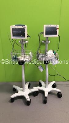 2 x Welch Allyn ProPaq Patient Monitors on Stands with Leads and Power Supplies (Both Power Up)