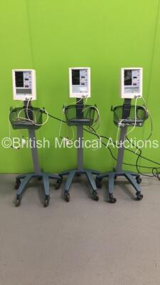 3 x Datascope Accutorr Plus Patient Monitors on Stands with 3 x BP Hoses and 3 x SpO2 Finger Sensors (All Power Up)