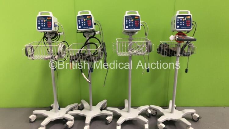 4 x Criticare Comfort Cuff 506N3 Series Patient Monitors on Stands with Leads (All Power Up)