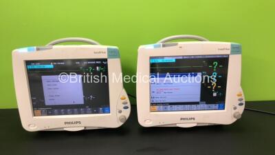 2 x Philips Intellivue MP50 Anesthesia Patient Monitors with 2 x Philips M3001A Opt: A01C06 Multiparameter Modules with Press, Temp, NBP, SPO2 and ECG Resp Options (Both Power Up) *Mfd 2010 - 2014*