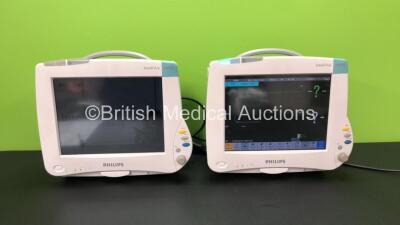 2 x Philips Intellivue MP50 Patient Monitors with 2 x Philips M3001A Opt: A01C18 Multiparameter Modules with Press, Temp, NBP, SPO2 and ECG Resp Options (Both Power Up) *Mfd 2008 - 2008*