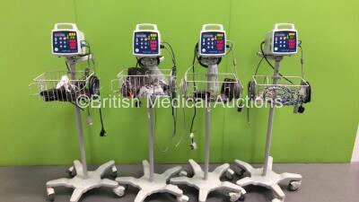4 x Criticare Comfort Cuff 506N3 Series Patient Monitors on Stands with Leads (All Power Up-1 x Missing Wheel)