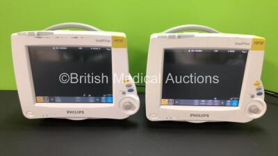 2 x Philips Intellivue MP30 Touch Screen Patient Monitors Version M.04.05-19 / M.04.05-19 (Both Power Up) *Mfd 2010 / 2013* **DE728B3681 - DE72873176**