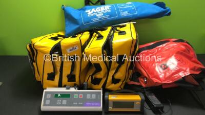 Mixed Lot Including 2 x Chemical Hazard Carry Bags, 2 x Ferno AS 120 Mattresses, 1 x Sager Traction Splint, 1 x Graseby 3150 Syringe Pump (No Power) 1 x GE Ohmeda Trusat Oximeter with 1 x AC Power Supply (Powers Up)