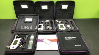 5 x Exogen Ultrasound Bone Healing Systems in Carry Cases with Chargers (4 Power Up, 1 No Power) *SN 0118004539E - 18LM13061 - 19BM13560 - 18KM12839*