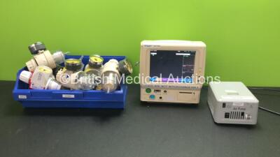 Mixed Lot Including 1 x Fukuda Denshi DS-7100 Patient Monitor (Powers Up with Cracked Casing-See Photo) 1 x Confluent Surgical Air Pump (Powers Up) 12 x Therapy Equipment LTD Valves