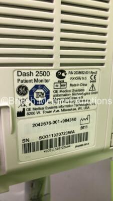 GE Dash 2500 Patient Monitor on Stand with SpO2,ECG,Printer and NIBP Options,1 x BP Hose,1 x BP Cuff,1 x SpO2 Finger Sensor and 1 x 3-Lead ECG Lead (Powers Up) * SN SCG11320723WA * * Mfd 2011 * - 5