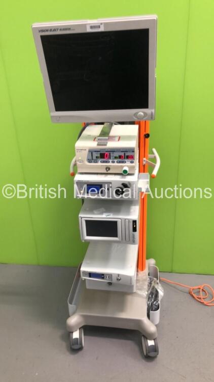 Smith & Nephew Stack Trolley Including Stryker Vision Elect HD Monitor,Olympus OES UHI-3 Insufflator,Stryker X8000 Light Source Unit,Stryker SDC3 HD Information Management System and Stryker 1188HD Camera Control Unit (Powers Up-Unable to Test Monitor Due