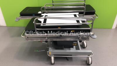 2 x Portsmouth Surgical Equipment QA2 Hydraulic Patient Trolleys with Cushions (Hydraulics Tested Working-Rails Not Attached)