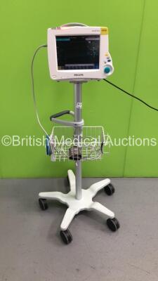 Philips IntelliVue MP30 Patient Monitor on Stand with 1 x Philips M3001A Module with ECG/Resp,SpO2,NBP and Press/Temp Options * Mfd 2005 * and Leads (Powers Up-Slight Crack to Casing-See Photos) * Mfd 2006 * - 4