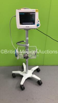 Philips IntelliVue MP30 Patient Monitor on Stand with 1 x Philips M3001A Module with ECG/Resp,SpO2,NBP and Press/Temp Options * Mfd 2005 * and Leads (Powers Up-Slight Crack to Casing-See Photos) * Mfd 2006 * - 5