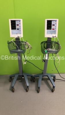 2 x Datascope Accutorr Plus Patient Monitors on Stands with 2 x BP Hoses and 2 x SpO2 Finger Sensors (Both Power Up)