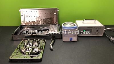 Mixed Lot Including 1 x HSW Endolux 2 Light Source Unit (Powers Up) 1 x Synthes MicroDrive Plus Drill System with 1 x Hose and Attachments in Metal Tray, 1 x Fisher & Paykel MR850AEK Respiratory Humidifier Unit (Powers Up)