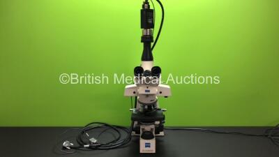 Zeiss Axioskop Model 20 Benchtop Microscope with 3 x Optics (1 x Plan-NEOFLUAR 100x/1.30 Oil 44 04 80, 1 x Plan NEOFLUOR 63x/1.25 Oil 46 18 36 and 1 x CP-ACHROMAT 10x/0.25 PH1 44 09 31) E-PI 10x/20 Eyepieces and JAI Progressive Scan Camera (Powers Up) *N