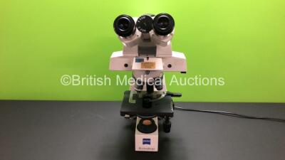 Zeiss Axioskop 20 Benchtop Microscope with 3 x Optics (See Photo) PI 10x/20 Eyepieces (Powers Up) *125253*