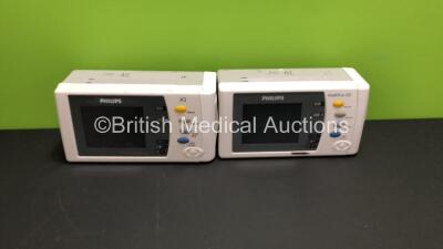 2 x Philips IntelliVue X2 Patient Monitors *Mfd's - 2015 and 2017* with Press, Temp, NBP, SPO2 and ECG RESP Options and 2 x Flat Batteries (Both Power Up with Stock Batteries, 2 x Flat Batteries Included) *DE506J3032 / DE575T3844*