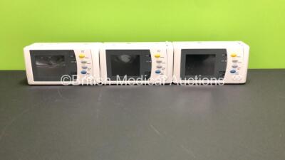 3 x Philips IntelliVue X2 Patient Monitors with Press, Temp, NBP, SPO2 and ECG RESP Options and 3 x Flat Batteries (All Power Up with Stock Batteries, 2 x Flat Batteries Included, All Damaged Casing - See Photos)