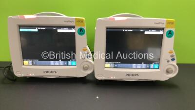 2 x Philips IntelliVue MP20 Patient Monitors *Mfd - 2015* with 2 x Philips M3015A Multiparameter Modules with Press, Temp and CO2 Microstream Options (Both Power Up) *DE48089011 / DE48089000*