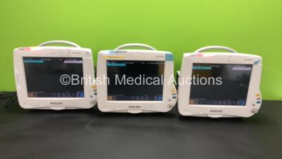 3 x Philips IntelliVue MP50 Patient Monitors *Mfd's - 2 x 2015 and 1 x 2011* (All Power Up with Scratched Screens, 2 x Damaged Casing - See Photos) *DE483B7849 / DE82091528 / DE483B7863*