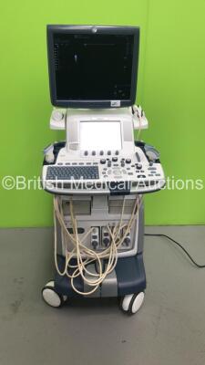 GE Logiq E9 Flatscreen Ultrasound Scanner *Mfd - Feb 2009* Software Version - R2.0.4 with 4 x Transducers / Probes (1 x IC5-9-D, 1 x 9L-D, 1 x ML6-15 and 1 x C1-5) and Sony UP-D897 Digital Graphic Printer (Powers Up) *9582US6*