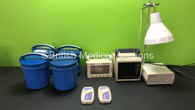 Mixed Lot Including 4 x Specimen Containers, 2 x Graseby MR10 Neonatal Respiration Monitors, 1 x Graseby 304 Cardiac Monitor, 1 x Protocol ProPaq 102 EL Monitor and 1 x Gallenhamp Ultraviolet Lamp