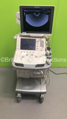 Toshiba Aplio 300 TUS-A300 Flat Screen Ultrasound Scanner *S/N TDA12Y2101* **Mfd 11/2012** Software Version AB_V2.10*R003 with 2 x Transducers / Probes (PVT-661VT *Mfd 05/2016* and PVT-375BT *Mfd 01/2018*) (Powers Up - Marks to Trims and Arm - See Picture