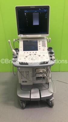 Toshiba Aplio 500 TUS-A500 Flat Screen Ultrasound Scanner *S/N T1D12Z3617* **Mfd 12/2012** Software Version B_V2.1*R003 with 2 x Transducers / Probes (PVT-661VT and PLT-1204BT *Mfd 07/2016*) and Sony UP-D897 Digital Graphic Printer (Powers Up - Missing 2 