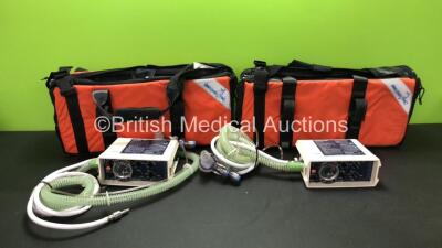 2 x Pneupac ventiPAC 200D MRI Compatible Ventilators with Hoses and Accessories in 2 x Pneupac Carry Bags *0110411 - 0110399*