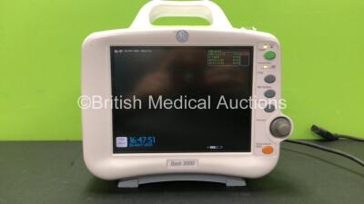 GE Dash 3000 Patient Monitor Including ECG, NBP, CO2, BP1/3, BP2/4, SpO2 and Temp/CO Options with 1 x SM-201 Battery (Powers Up with Damaged Handle-See Photo)