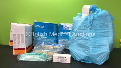 Job Lot of Consumables Including Low Adherent Dressings, Fluid Resistant Face Shields, Catheterisation Packs and Safety Glasses