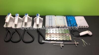 Mixed Lot Including 4 x Heine EN 100 T Otoscopes, 4 x Heine AllSpec Tip Cases and Surgical Instruments In Metal Case