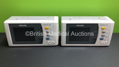 2 x Philips IntelliVue X2 Handheld Patient Monitors S/W Rev K.21.61 / H.03.14 with Press/Temp, NBP, SpO2 and ECG/Resp Options with 2 x Batteries (Both Power Up with Stock Batteries,2 x Flat Batteries Included) *Mfd 2018 / 2018*