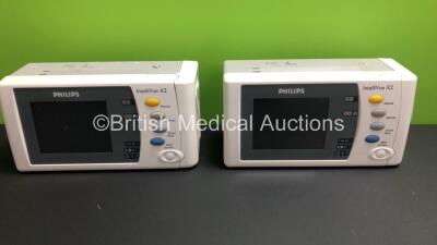 2 x Philips IntelliVue X2 Handheld Patient Monitors S/W Rev K.21.61 / K.21.61 with Press/Temp, NBP, SpO2 and ECG/Resp Options with 2 x Batteries (Both Power Up with Stock Batteries,2 x Flat Batteries Included) *Mfd 2014 - 2010*