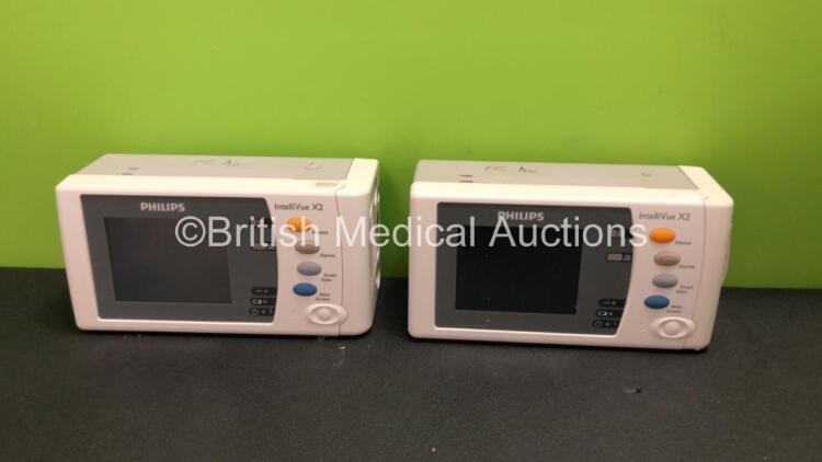 2 x Philips Intellivue X2 Handheld Patient Monitors Software Version K.21.61 - M.04.00 Including ECG, SpO2, NBP, Temp and Press Options with 2 x Batteries (Both Power Up when Tested with Stock Batteries,2 x Flat Batteries Included) *Mfd 2018 - 2010*