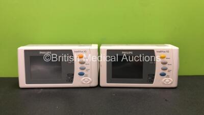 2 x Philips Intellivue X2 Handheld Patient Monitors Software Version H.15.36 - M.04.00 Including ECG, SpO2, NBP, Temp and Press Options with 2 x Batteries (Both Power Up when Tested with Stock Batteries,2 x Flat Batteries Included) *Mfd 2010 - 2018*