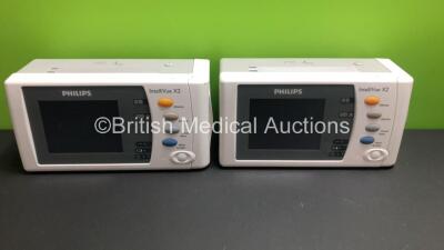 2 x Philips IntelliVue X2 Handheld Patient Monitors S/W Rev M.04.00 / M.04.00 with Press/Temp, NBP, SpO2 and ECG/Resp Options with 2 x Batteries (Both Power Up with Stock Batteries,2 x Flat Batteries Included) *Mfd 2018 / 2018*