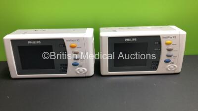 2 x Philips IntelliVue X2 Handheld Patient Monitors S/W Rev K.21.61 / H.03.14 with Press/Temp, NBP, SpO2 and ECG/Resp Options with 2 x Batteries (Both Power Up with Stock Batteries,2 x Flat Batteries Included) *Mfd 2011 / 2011*