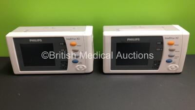 2 x Philips IntelliVue X2 Handheld Patient Monitors S/W Rev M.04.00 / M.04.00 with Press/Temp, NBP, SpO2 and ECG/Resp Options with 2 x Batteries (Both Power Up with Stock Batteries,2 x Flat Batteries Included) *Mfd 2018 / 2018*