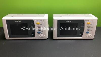 2 x Philips IntelliVue X2 Handheld Patient Monitors S/W Rev K.21.61 / H.03.14 with Press/Temp, NBP, SpO2 and ECG/Resp Options with 2 x Batteries (Both Power Up with Stock Batteries,2 x Flat Batteries Included) *Mfd 2009 / 2009*