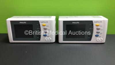 2 x Philips IntelliVue X2 Handheld Patient Monitors S/W Rev H.15.45 / K.21.58 with Press/Temp, NBP, SpO2 and ECG/Resp Options with 2 x Batteries (Both Power Up with Stock Batteries,2 x Flat Batteries Included) *Mfd 2009 / 2009*