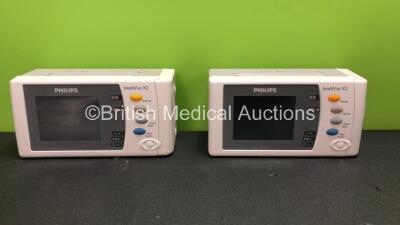 2 x Philips Intellivue X2 Handheld Patient Monitors Software Version K.21.61 - M.04.00 Including ECG, SpO2, NBP, Temp and Press Options with 2 x Batteries (Both Power Up when Tested with Stock Batteries,2 x Flat Batteries Included) *Mfd 2018 - 2014*