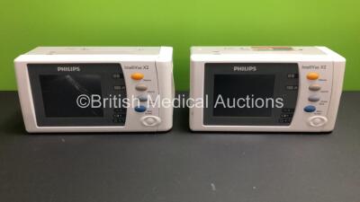 2 x Philips IntelliVue X2 Handheld Patient Monitors S/W Rev K.21.61 / K.21.61 with Press/Temp, NBP, SpO2 and ECG/Resp Options with 2 x Batteries (Both Power Up with Stock Batteries - 1 x Damaged Screen - See Photo,2 x Flat Batteries Included) *Mfd 2009 / 