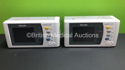 2 x Philips IntelliVue X2 Handheld Patient Monitors S/W Rev K.21.61 / H.03.14 with Press/Temp, NBP, SpO2 and ECG/Resp Options with 2 x Batteries (Both Power Up with Stock Batteries,2 x Flat Batteries Included) *Mfd 2009 / 2009*