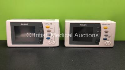 2 x Philips Intellivue X2 Handheld Patient Monitors Software Version K.21.61 - K.21.61 Including ECG, SpO2, NBP, Temp and Press Options with 2 x Batteries (Both Power Up when Tested with Stock Batteries,2 x Flat Batteries Included) *Mfd 2009 -2011*